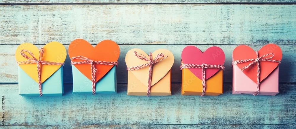 Poster colorful heart-shaped gift boxes adorned with twine on a rustic wooden background representing love 