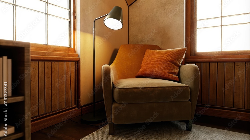 Aufkleber A cozy reading nook with sandyhued walls a plush armchair in warm taupe and a simple floor lamp casting a soft glow. A small bookshelf filled with neutralcolored books is nestled