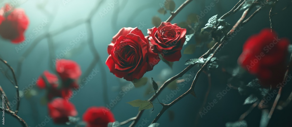 Poster close up of elegant red roses on a dark background highlighting their intricate petals and lush gree