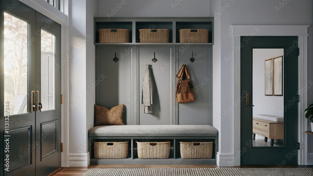 Aufkleber a chic entryway includes a comfortable bench upholstered in soft fabric a collection of woven basket