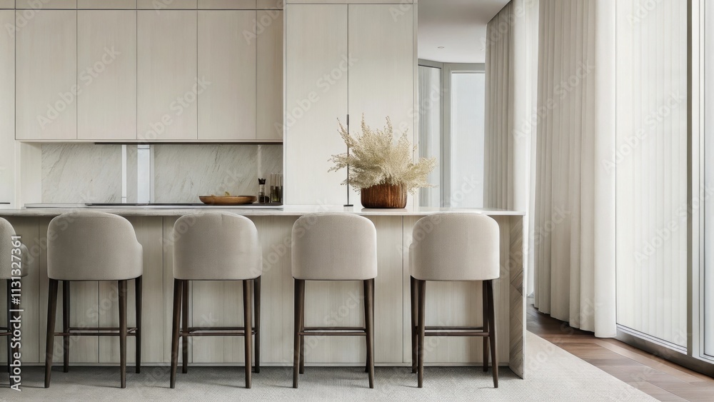 Poster an airy kitchen with light cream cabinetry and a smooth gray countertop. neutralcolored bar stools l