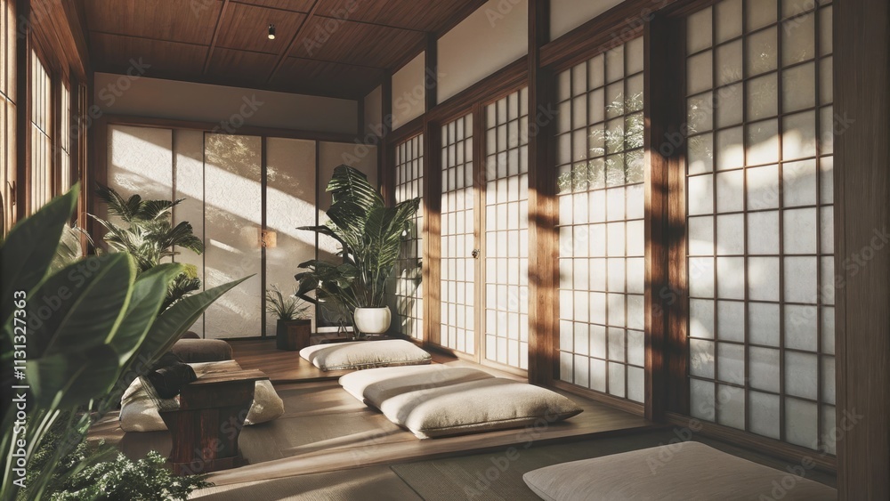 Poster a bright sunroom filled with a mix of floor cushions and low tables perfect for relaxation. abundant