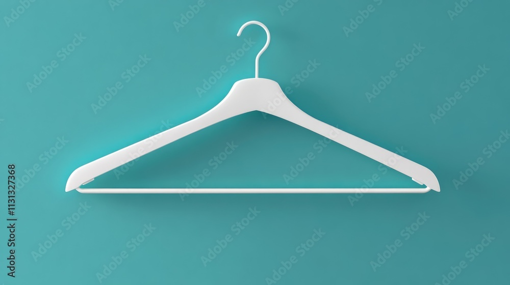 Poster minimalistic white plastic hanger hanging against aqua background for clothing display and styling c