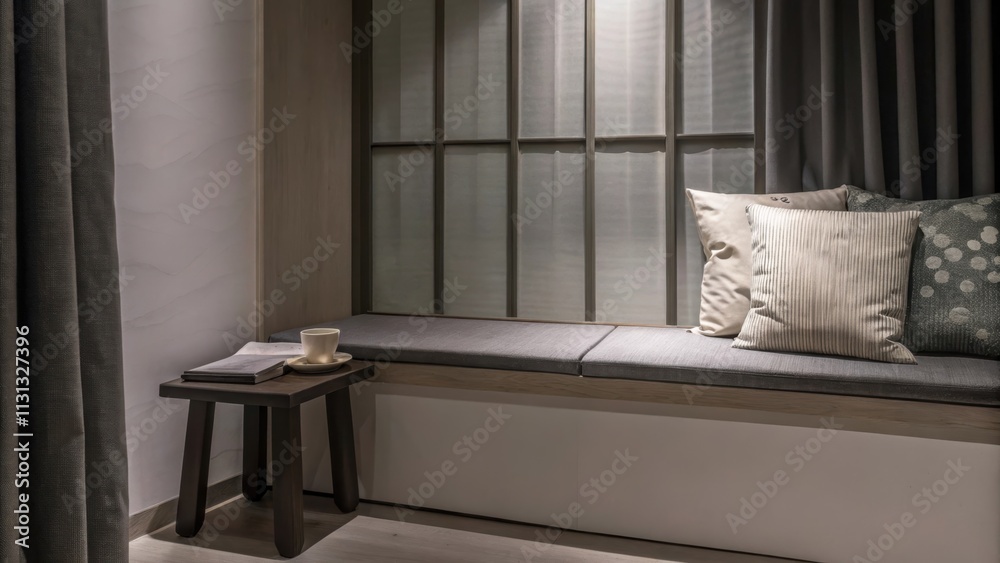 Poster a cozy reading nook featuring a builtin window seat with plush cushions in calming natureinspired co