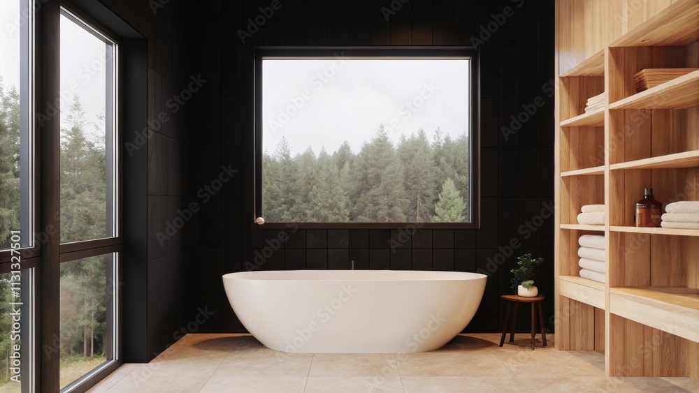 Poster A tranquil bathroom featuring a freestanding tub with soft organic lines p beneath a large window. Natural stone tiles in warm shades encase the space complemented by minimalist