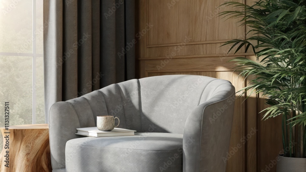 Poster A cozy reading nook positioned by a window featuring a plush curved armchair in soft gray fabric. A handcrafted side table with an organic edge holds a steaming mug while an