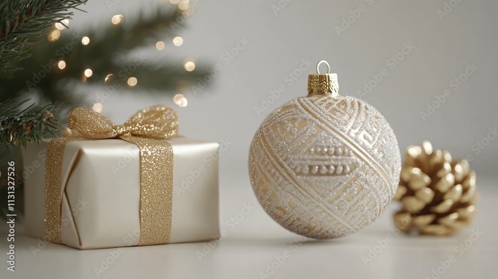 Poster elegant christmas tree ornament gift box and pinecone on soft white background with festive lights c