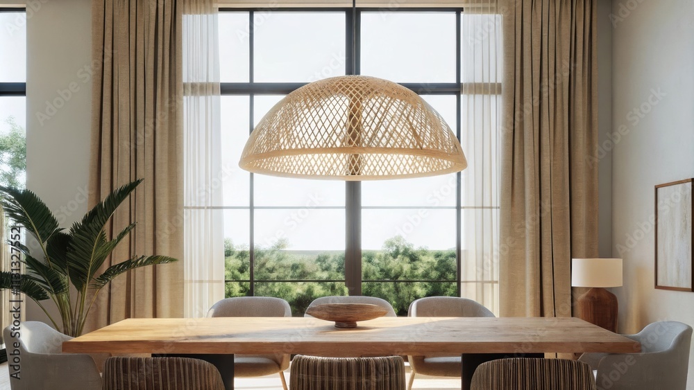 Poster An airy dining room with a large organicshaped wooden table surrounded by asymmetrical minimalist chairs. A statement pendant light made of woven rattan casts warm light while a