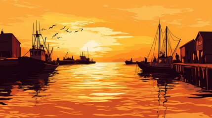 Fototapeta premium Serene Sunset Over a Tranquil Harbor Featuring Boats, Reflections on Water, and Silhouetted Buildings in Vibrant Orange and Yellow Hues