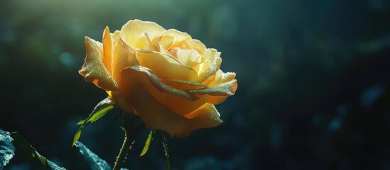 Closeup of a stunning yellow rose with dewdrops illuminated by soft natural light in a serene garden setting
