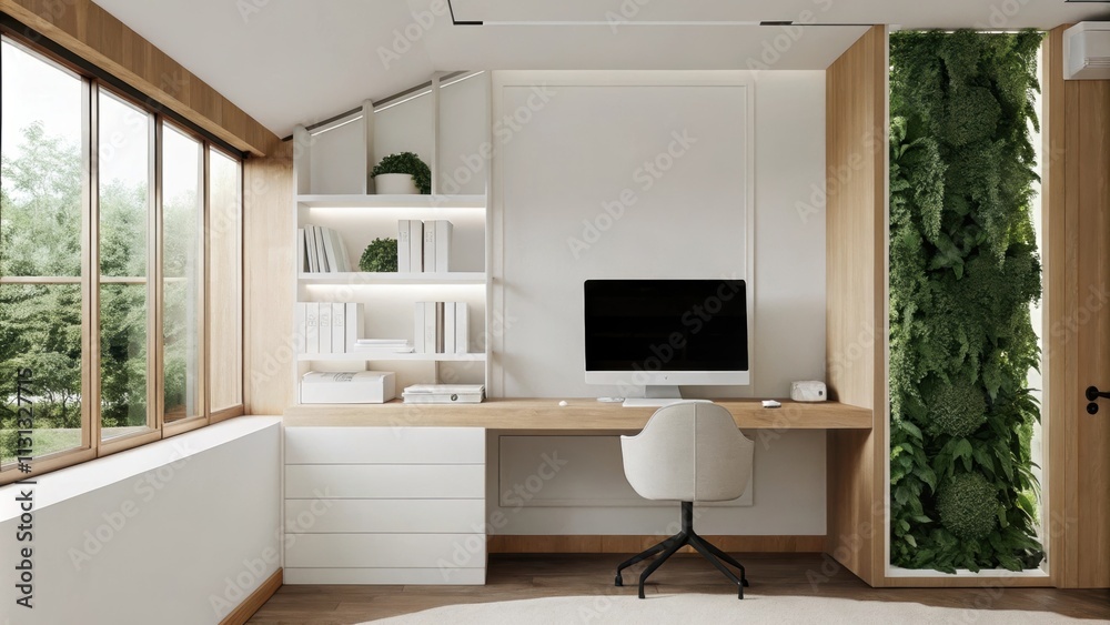 Poster an elegant home office featuring a desk with flowing lines that resemble the form of a mountain. the
