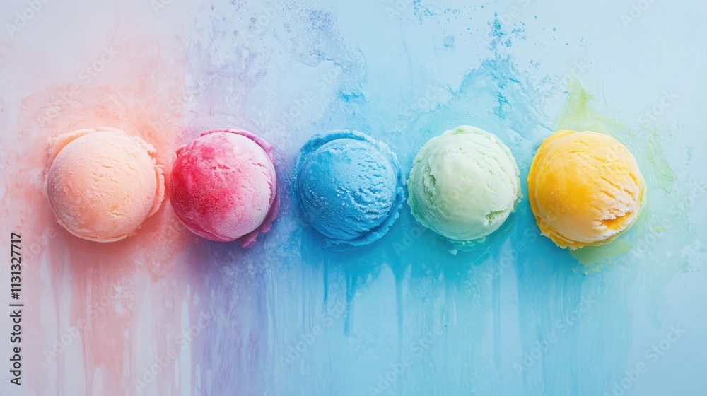 Poster Vibrant assortment of melting ice cream scoops arranged in a row on a colorful background captivating summer indulgence