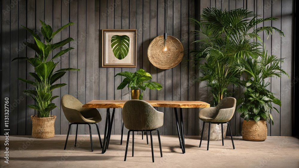 Poster An openplan dining area with a table crafted from a single slice of a tree trunk complemented by mismatched chairs that display organic shapes. Potted plants in woven baskets bring