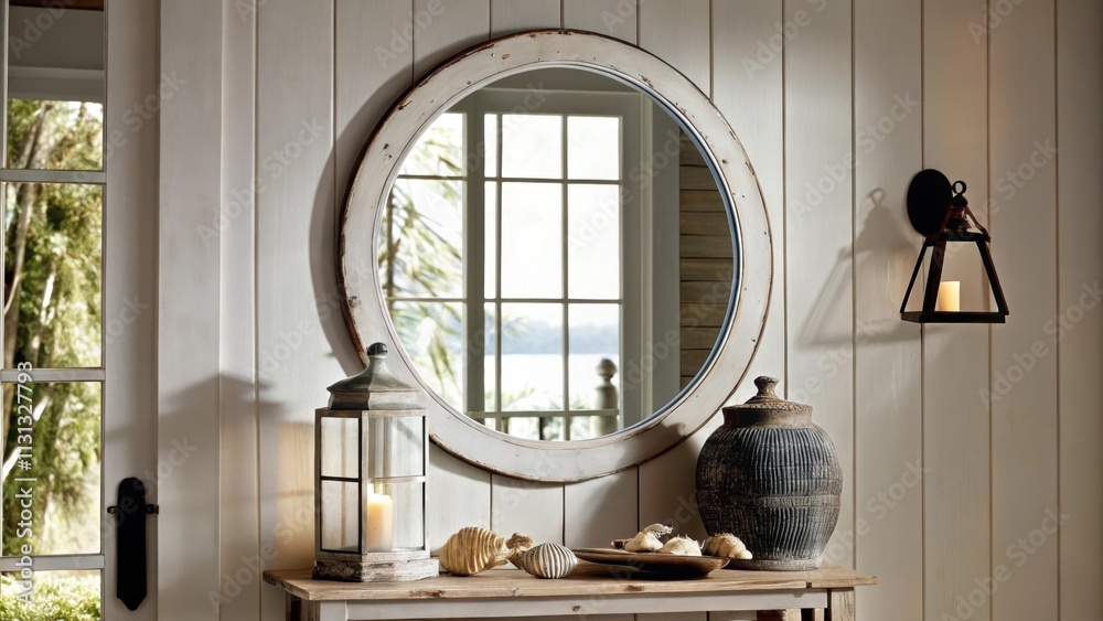 Poster A charming entryway lined with white shiplap a distressed console table topped with coastal decor and a round mirror reflecting the natural light from an adjacent window.