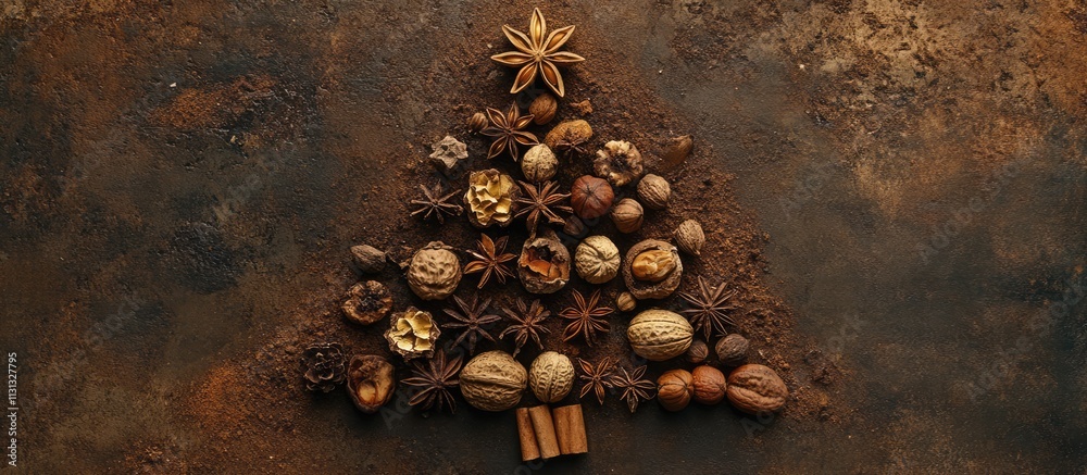 Aufkleber Christmas tree design created using nuts, cinnamon sticks and star anise on rustic background viewed from above