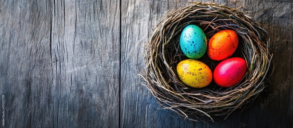 Poster colorful easter eggs nestled in a rustic nest on a weathered wooden background for festive spring de