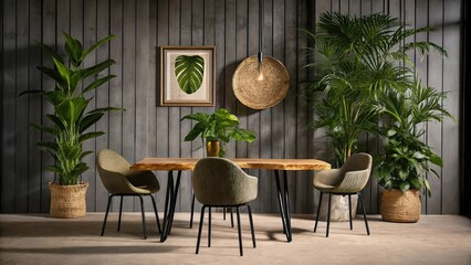 Fototapeta premium An openplan dining area with a table crafted from a single slice of a tree trunk complemented by mismatched chairs that display organic shapes. Potted plants in woven baskets bring