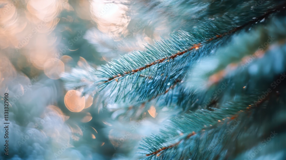 Leinwandbilder soft focus close-up of evergreen tree branches with bokeh lights creating a dreamy christmas backgro