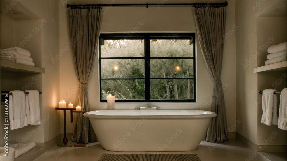 Poster a spalike bathroom with a freestanding tub beneath a large window adorned with soft towels neatly ar