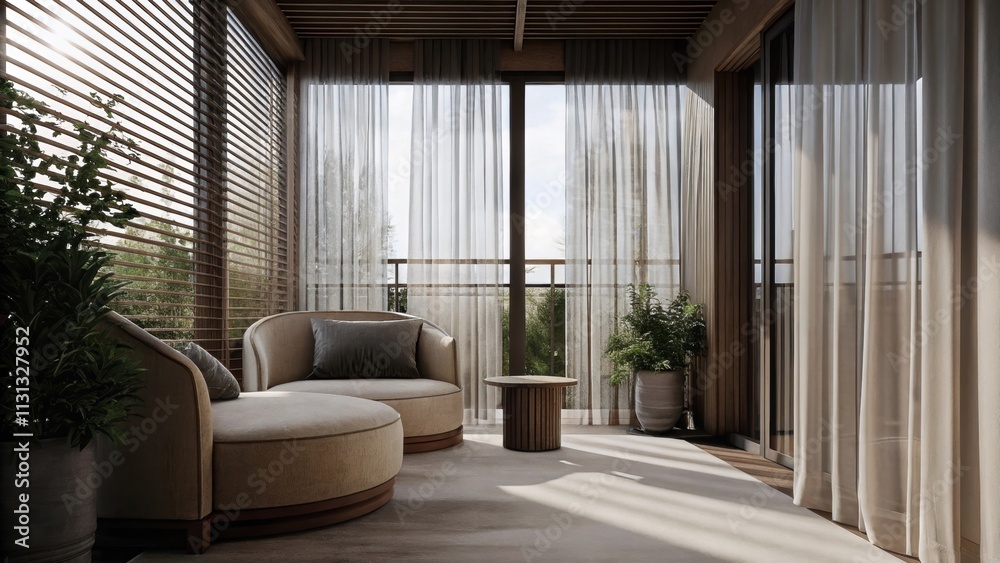 Poster a relaxing sunroom filled with lush plants and furniture featuring rounded edges including a curved 