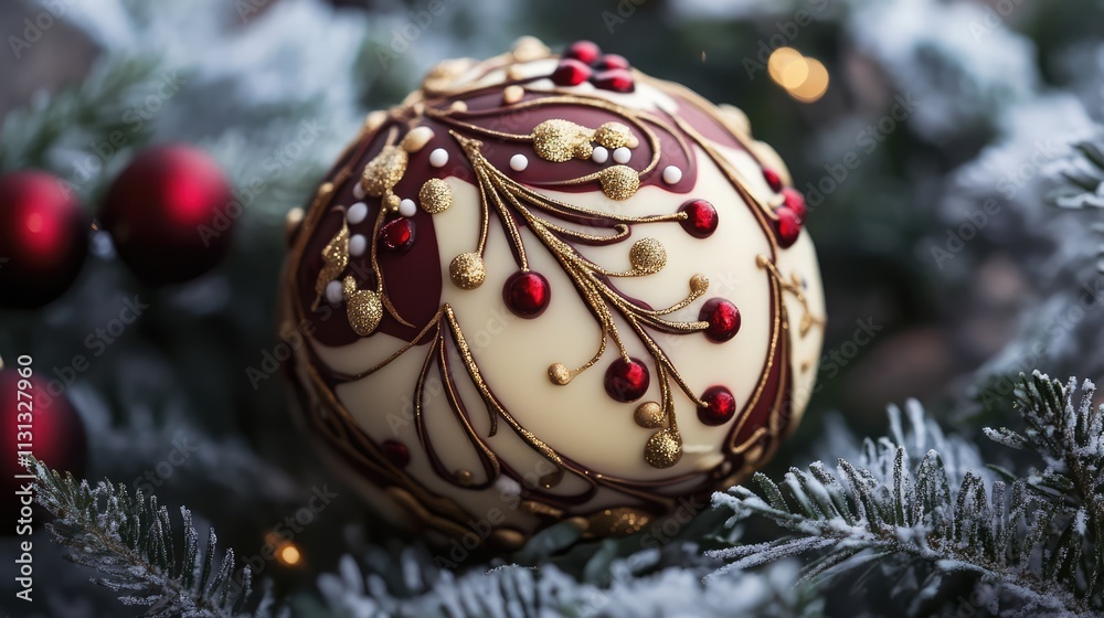 Poster decorative christmas tree bauble with intricate design resting among snowy evergreen branches creati