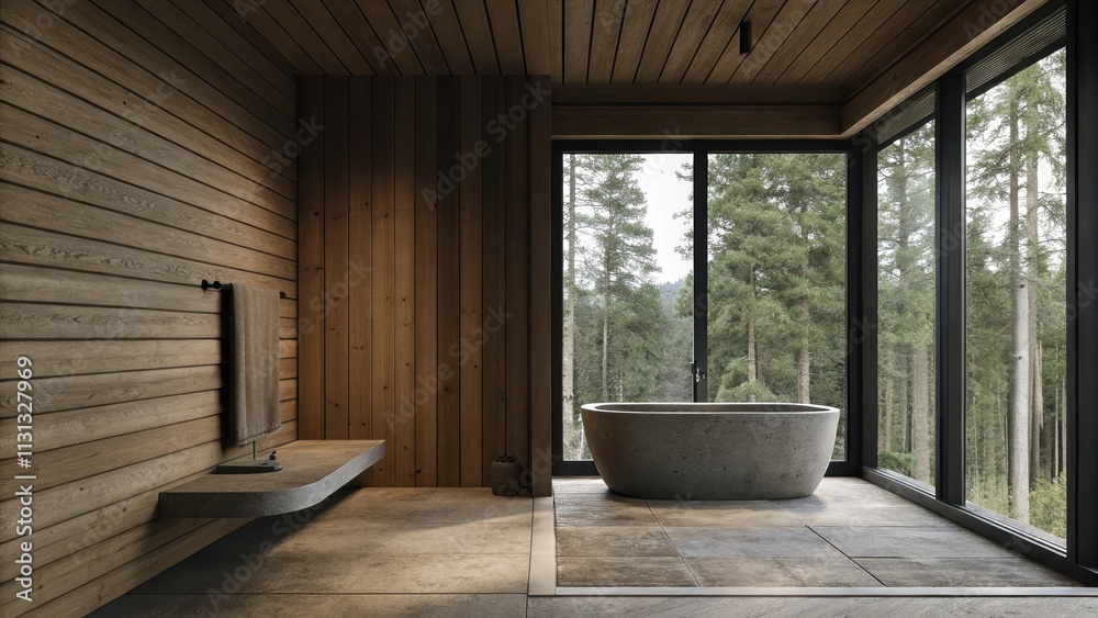 Aufkleber a tranquil bathroom highlighted by a freestanding stone bathtub woodpaneled walls and large windows 