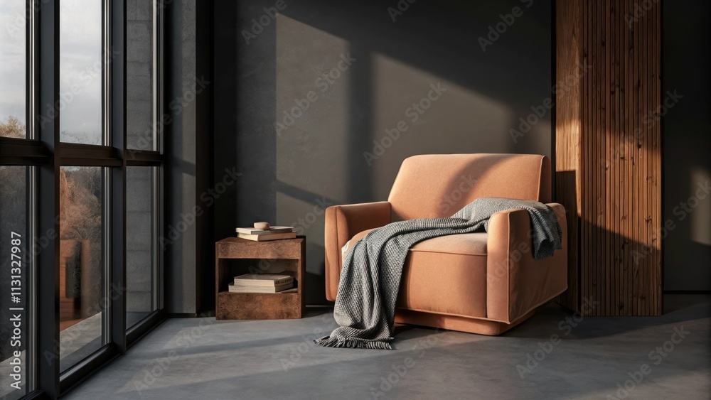 Poster a peaceful reading nook featuring an oversized armchair upholstered in soft oatmeal fabric p beside 
