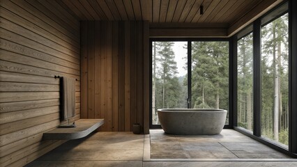 Fototapeta premium A tranquil bathroom highlighted by a freestanding stone bathtub woodpaneled walls and large windows that open up to a woodland view complemented by earthy stone tiles underfoot.