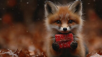Obraz premium Cute fox holding a Christmas gift in winter scenery
