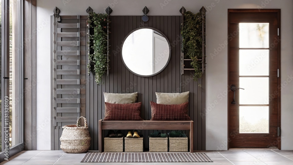 Poster a contemporary entryway showcases a bench made from reclaimed wood with colorful cushions flanked by