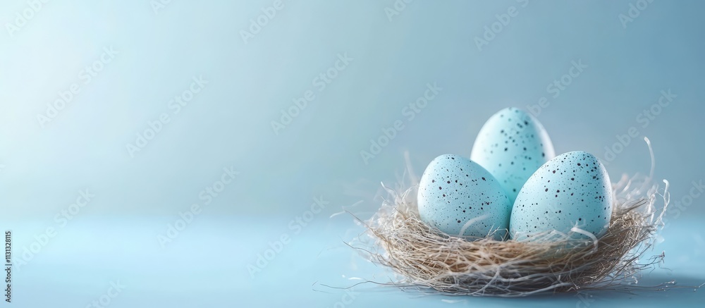 Poster easter eggs in a natural nest on a soft blue background showcasing a minimalist and festive design i