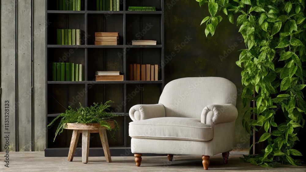 Poster A cozy reading nook includes a soft linen armchair and a small side table made from reclaimed wood. An accent wall of exposed brick serves as a backdrop while a large bookshelf