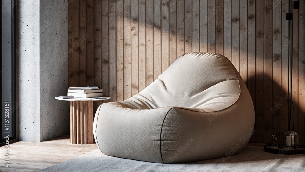 Poster A cozy reading nook features an oversized abstract foam lounge chair that resembles a cloud. Its soft tactile surface invites sinking into relaxation while the unique form serves