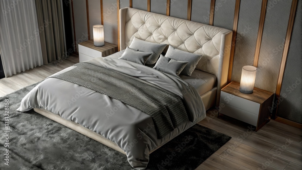 Poster a tranquil bedroom designed with a tufted cream headboard and a crisp white duvet complemented by te