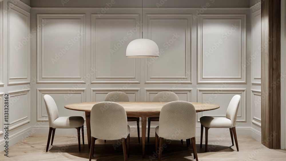 Poster an elegant dining room with an oval wooden table finished in a muted ash tone. the chairs are uphols