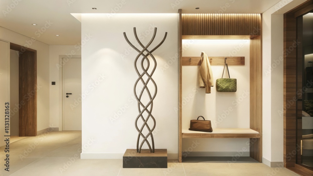 Poster an elegantly designed foyer showcases a tall sculptural coat rack made of twisted metal resembling a