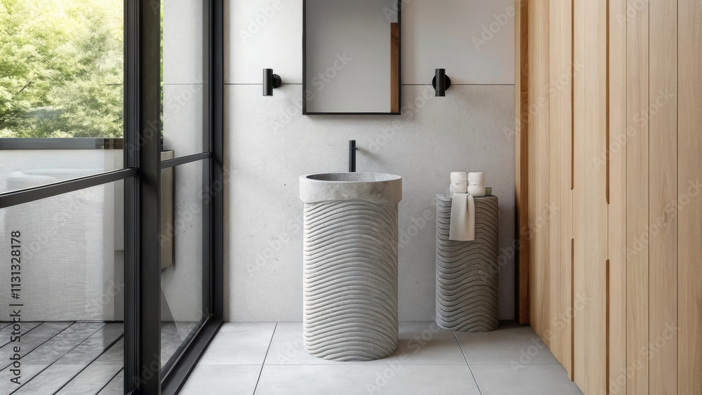 Poster In a contemporary bathroom a freestanding sink made from sculpted concrete stands against a minimalist backdrop. Its artistic curves catch the light transforming a functional