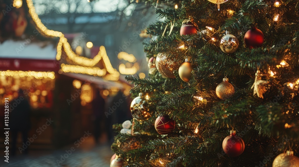 Poster festive christmas tree adorned with gold and red ornaments at a traditional advent fair with glowing