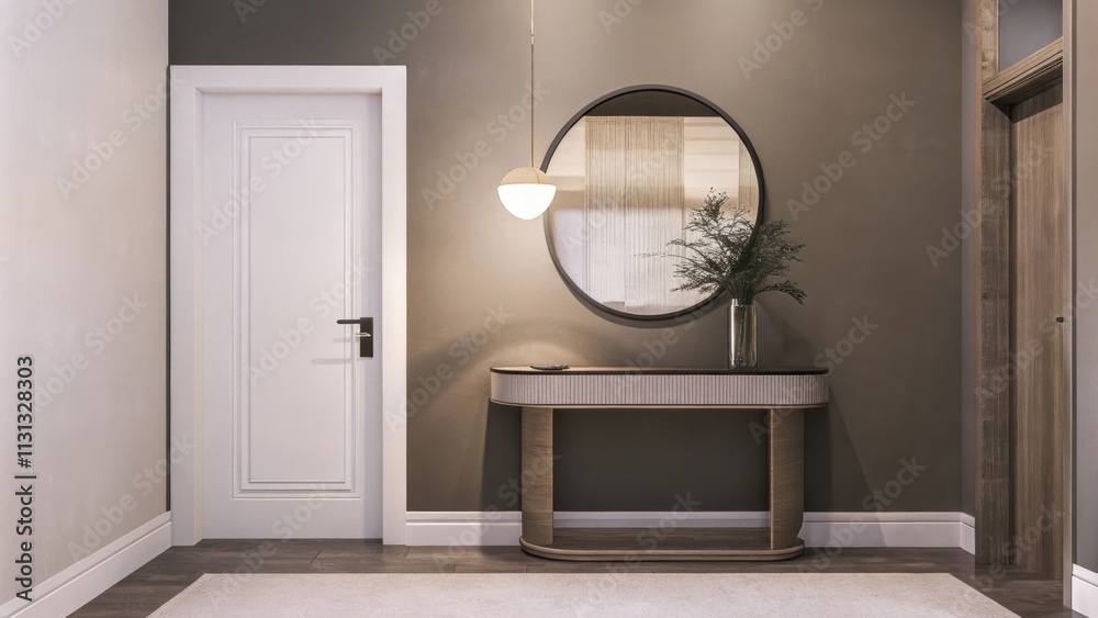 Poster A stylish entryway featuring a sleek console table with soft curves topped with a minimalistic vase. The walls are painted in a calming gray and a round mirror reflects gentle