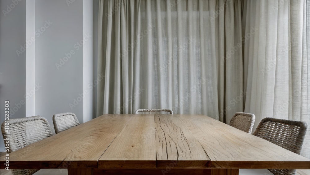 Aufkleber an airy dining space adorned with an oak table that showcases visible wood grain surrounded by wicke