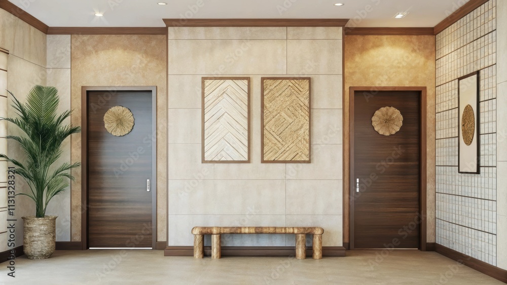 Poster A harmoniously designed hallway that showcases a simple bench and artwork made from natural materials. The walls are adorned with subtle textures and a small indoor plant adds a