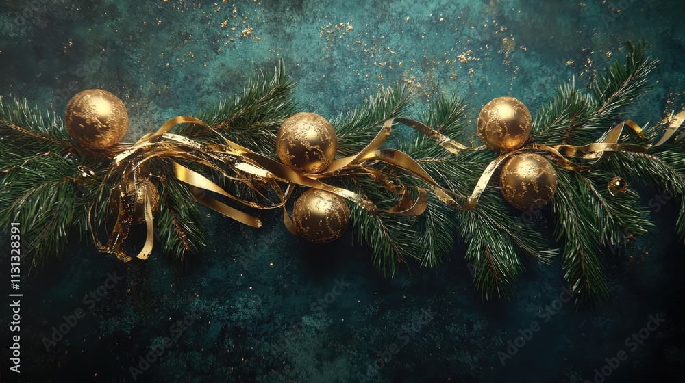 Poster christmas tree branch adorned with gold ornaments and shimmering ribbons on a textured teal backgrou