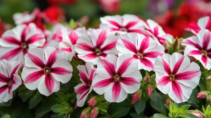 Fototapeta premium Vibrant closeup of white pink and red flowers blooming in a garden setting showcasing their delicate petals and lush green foliage