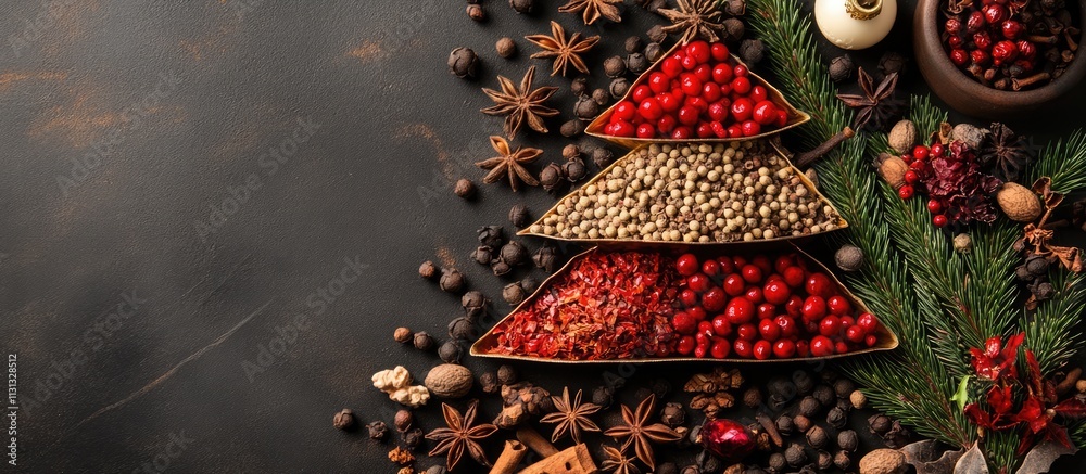 Poster spice christmas tree arrangement with red berries and aromatic ingredients on rustic background