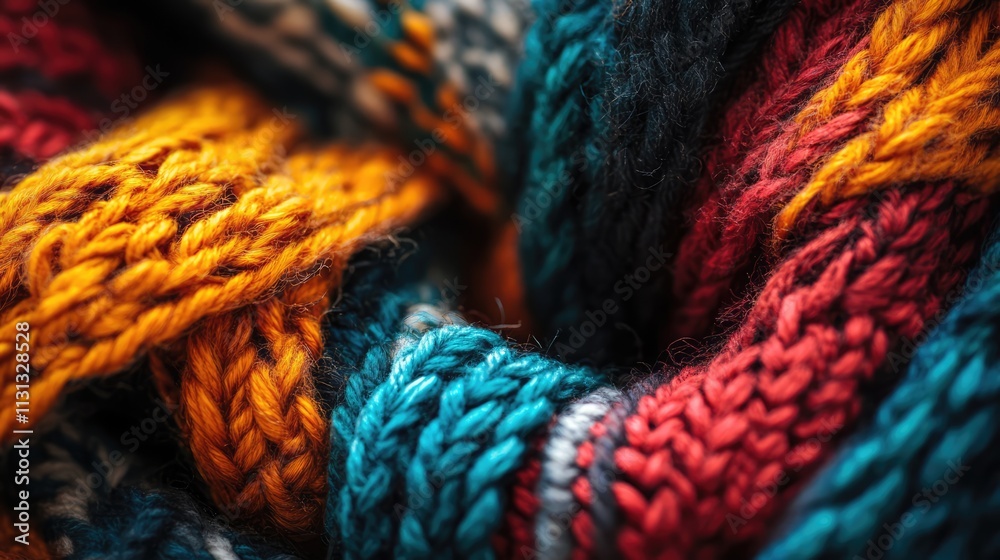 Poster colorful wool scarf with intricate knitted patterns and large binding needles beautifully arranged i