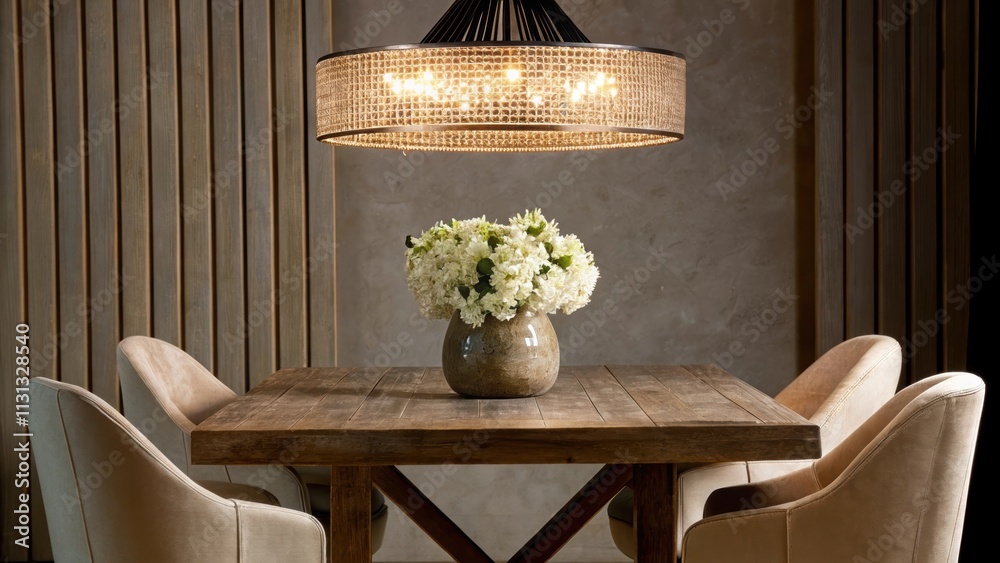 Poster a chic dining area highlighted by a rustic wooden table paired with plush cream chairs set under an 