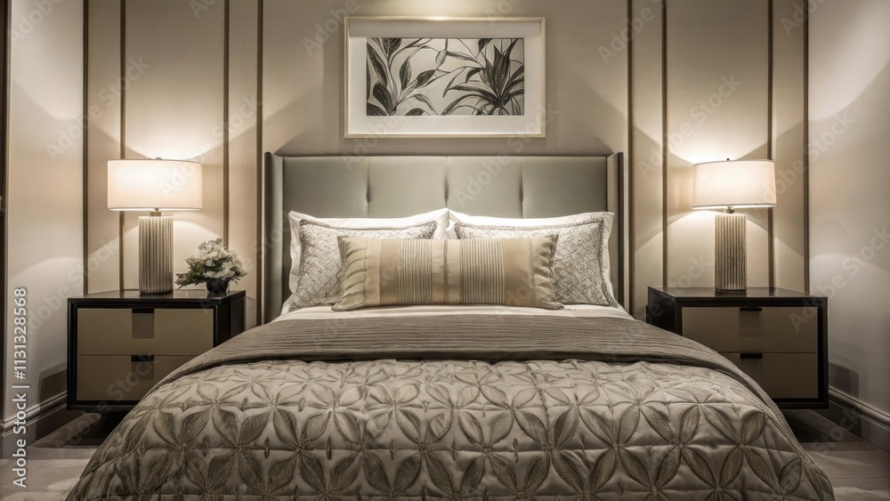 Poster a master bedroom showcasing a kingsized bed with a plush intricately patterned duvet layered with a 