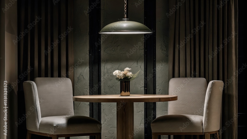 Poster a cozy dining nook with a round wooden table set for three surrounded by simple upholstered chairs i