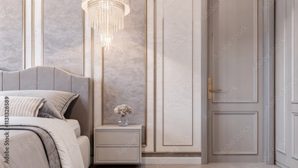 Aufkleber A serene bedroom showcasing a muted palette of soft grays and whites with a lowprofile upholstered bed adorned in luxurious linens a delicate crystal chandelier and a minimalist