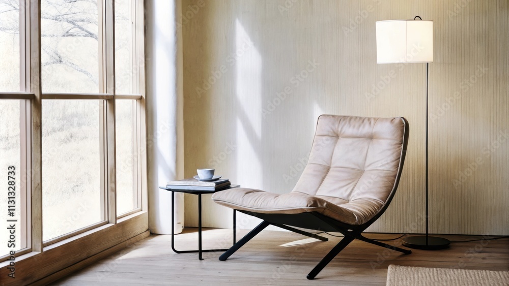 Poster a cozy reading nook in the corner of a sunlit room featuring a lowslung lounge chair upholstered in 
